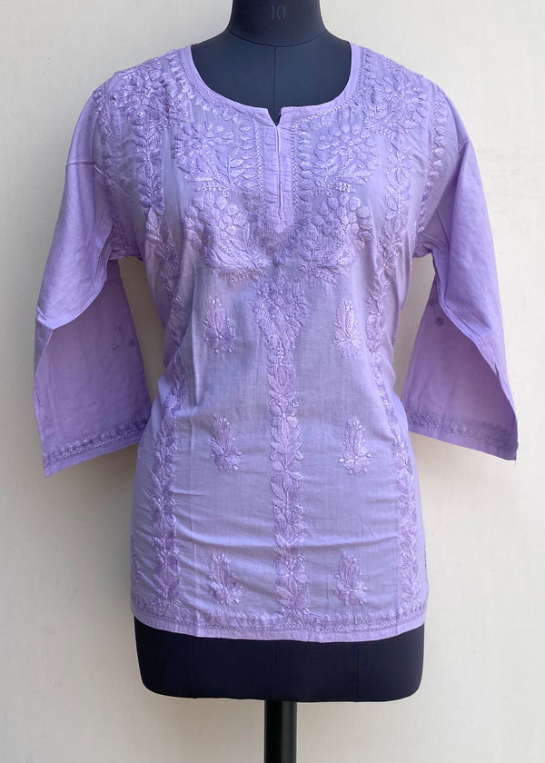 Lucknowi Chikankari Short Kurti Purple Mulmul Cotton With Self Work