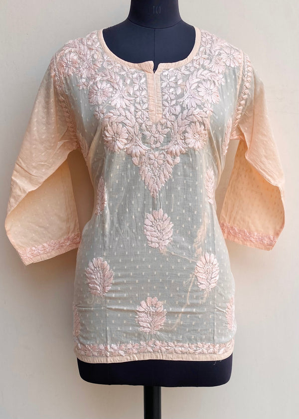 Lucknowi Chikankari Short Kurti Peach Mulmul Cotton With Self Work