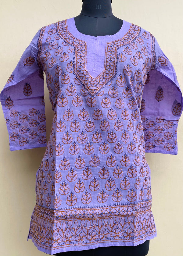 Lucknowi Chikankari Short Kurti Purple Cotton