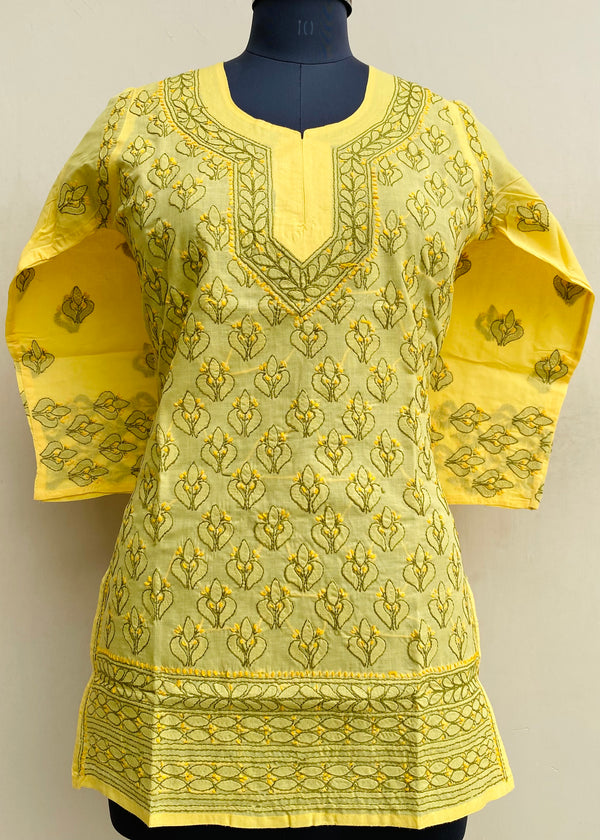 Lucknowi Chikankari Short Kurti Yellow Cotton