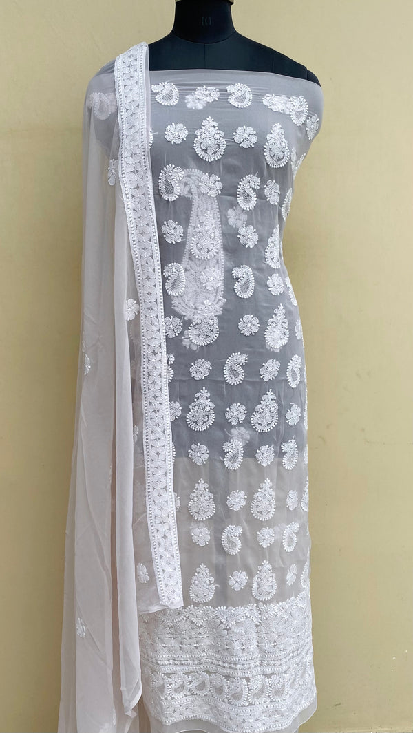 Lucknowi Chikankari Suit Length 3 Piece Beige Georgette With Jaali Work