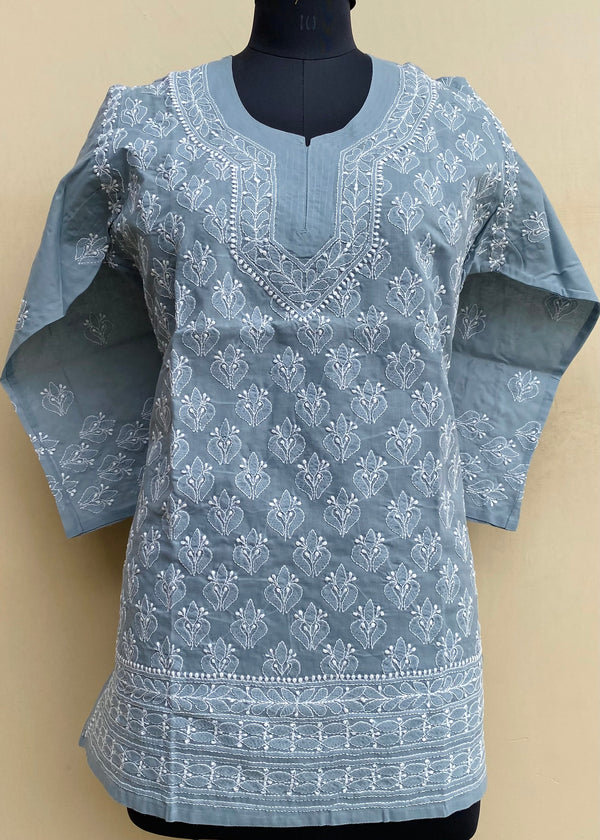 Lucknowi Chikankari Short Kurti Gray Cotton