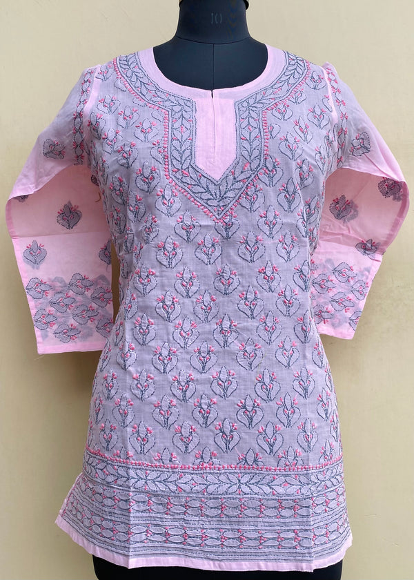 Lucknowi Chikankari Short Kurti Pink Cotton