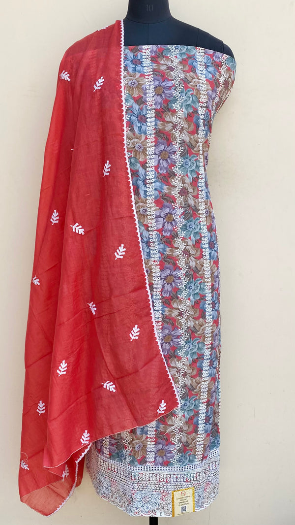 Designer Embroidered Suit Length 3 Piece Red Mal Cotton