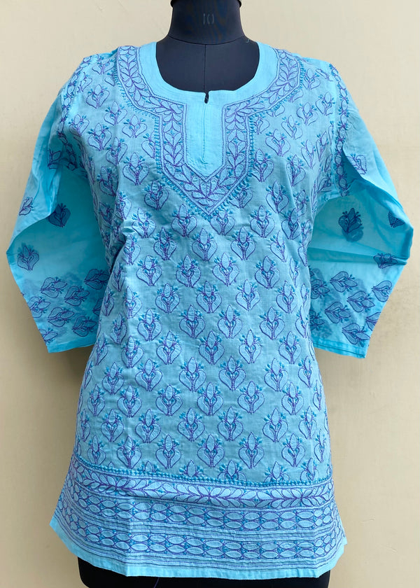 Lucknowi Chikankari Short Kurti Blue Cotton