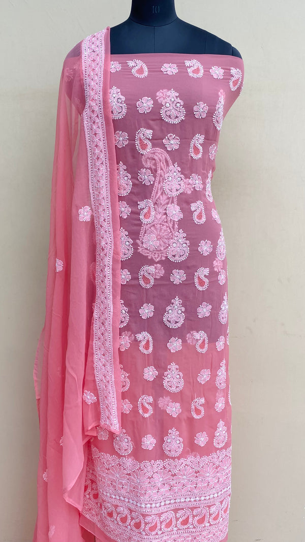 Lucknowi Chikankari Suit Length 3 Piece Peach Georgette With Jaali Work