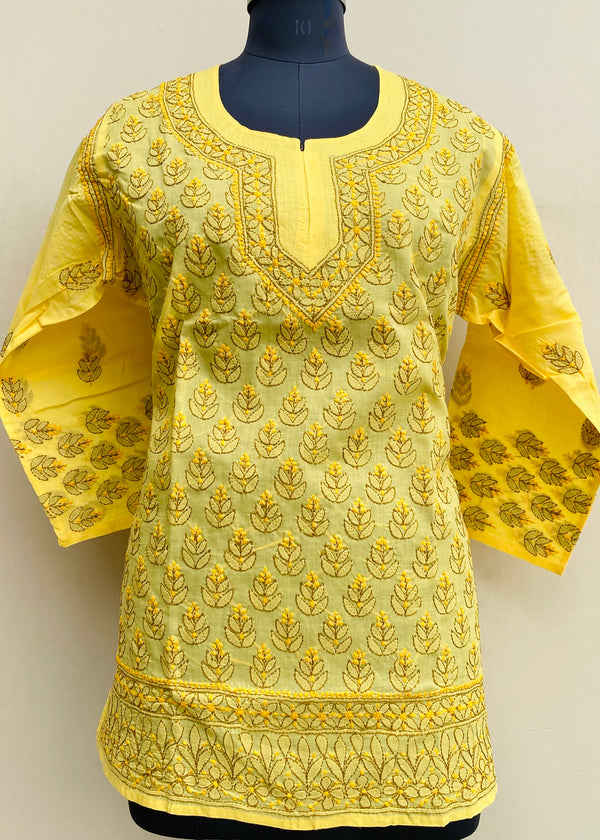 Lucknowi Chikankari Short Kurti Yellow Cotton