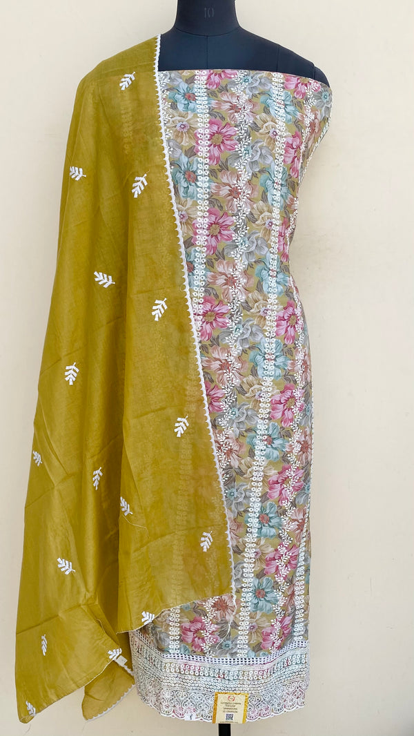 Designer Embroidered Suit Length 3 Piece Mehndi Green Mal Cotton