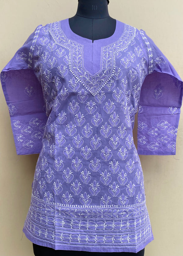 Lucknowi Chikankari Short Kurti Purple Cotton