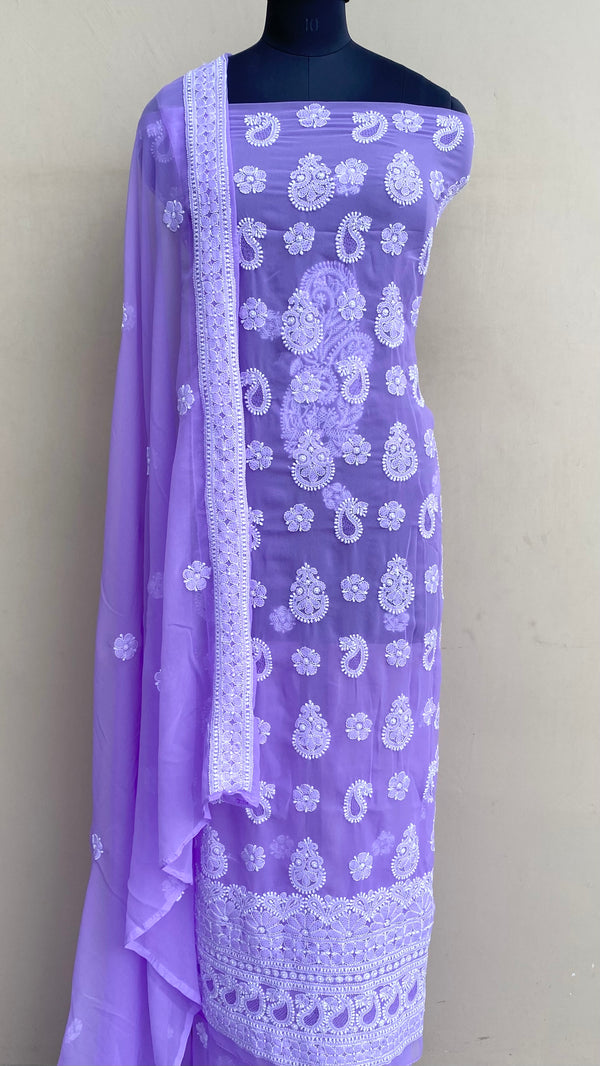 Lucknowi Chikankari Suit Length 3 Piece Purple Georgette With Jaali Work