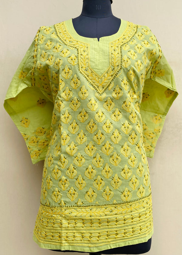 Lucknowi Chikankari Short Kurti Lemon Yellow Cotton