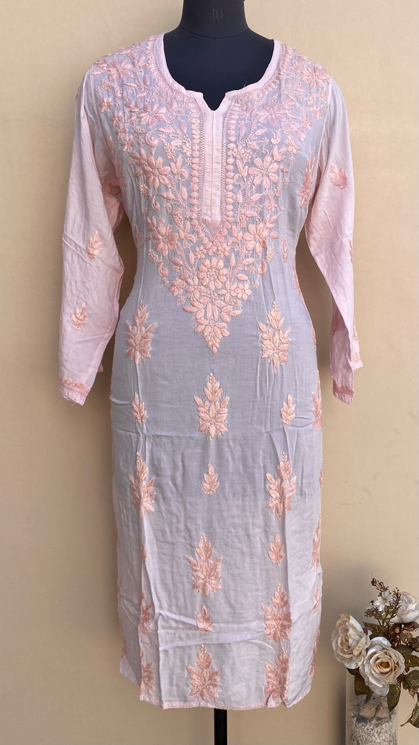 Lucknowi Chikankari Kurti Pink Muslin Cotton With Self 3D Work