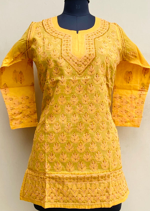 Lucknowi Chikankari Short Kurti Mustard Cotton