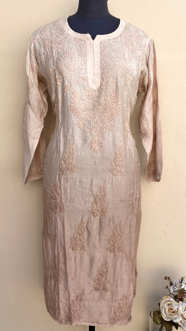 Lucknowi Chikankari Kurti Ombre Beige Muslin Cotton With Self 3D Work