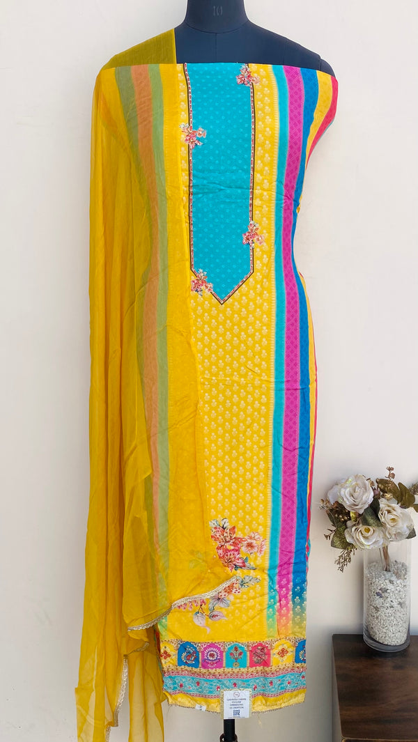 Designer Embroidered Suit Length 3 Piece Yellow Organza With Sequence Work