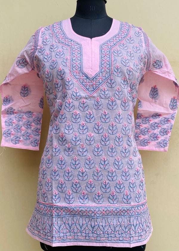 Lucknowi Chikankari Short Kurti Pink Cotton