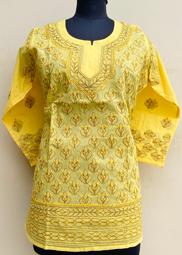 Lucknowi Chikankari Short Kurti Yellow Cotton