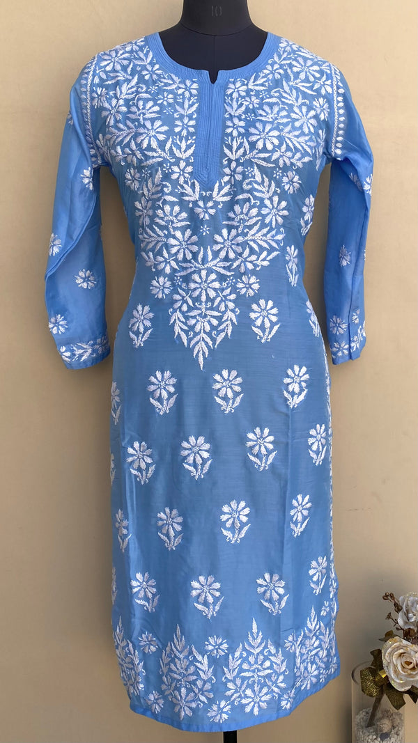 Lucknowi Chikankari Kurti Blue Muslin Cotton