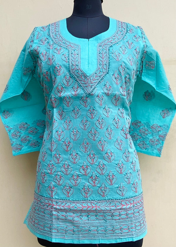 Lucknowi Chikankari Short Kurti Sea Green Cotton