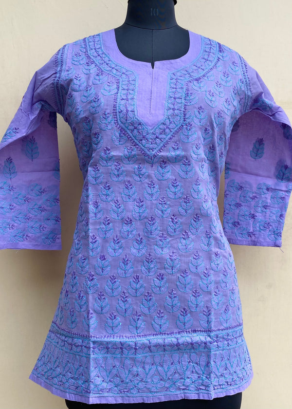 Lucknowi Chikankari Short Kurti Purple Cotton