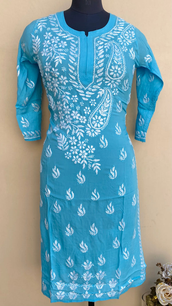 Lucknowi Chikankari Kurti Blue Muslin Cotton