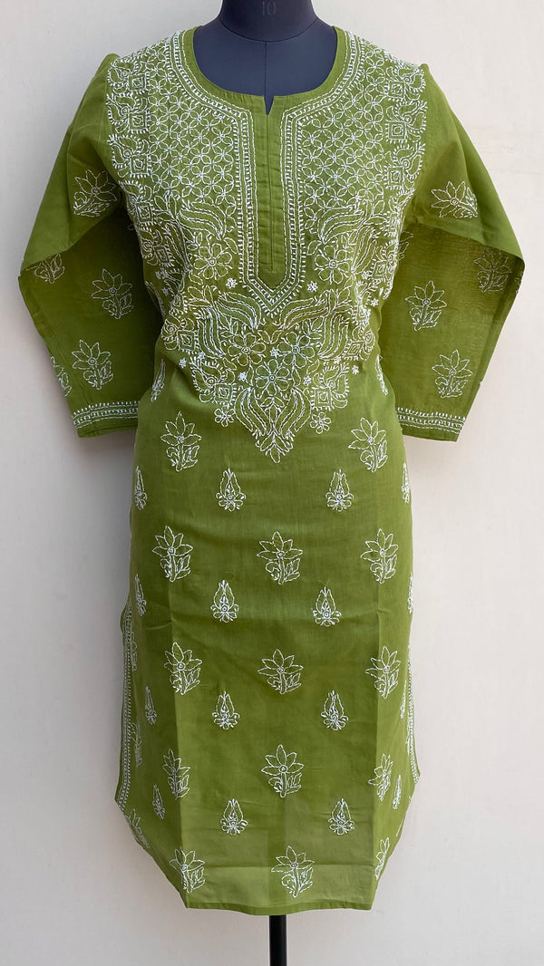 Lucknowi Chikankari Kurti Mehndi Green Cotton
