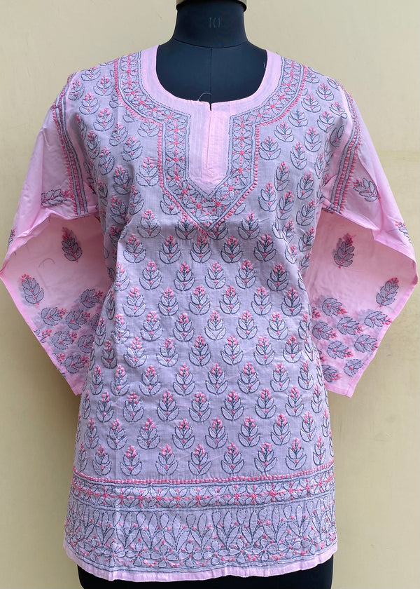 Lucknowi Chikankari Short Kurti Pink Cotton