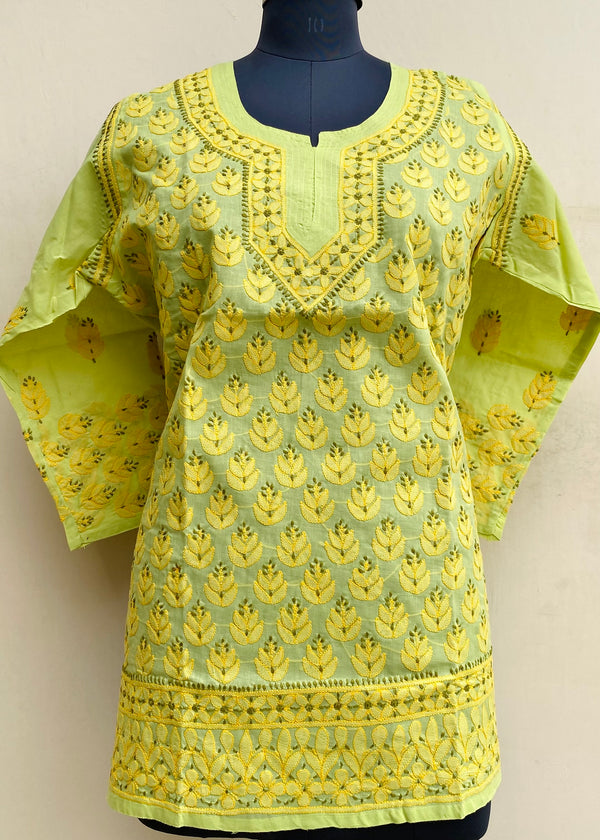 Lucknowi Chikankari Short Kurti Lemon Yellow Cotton