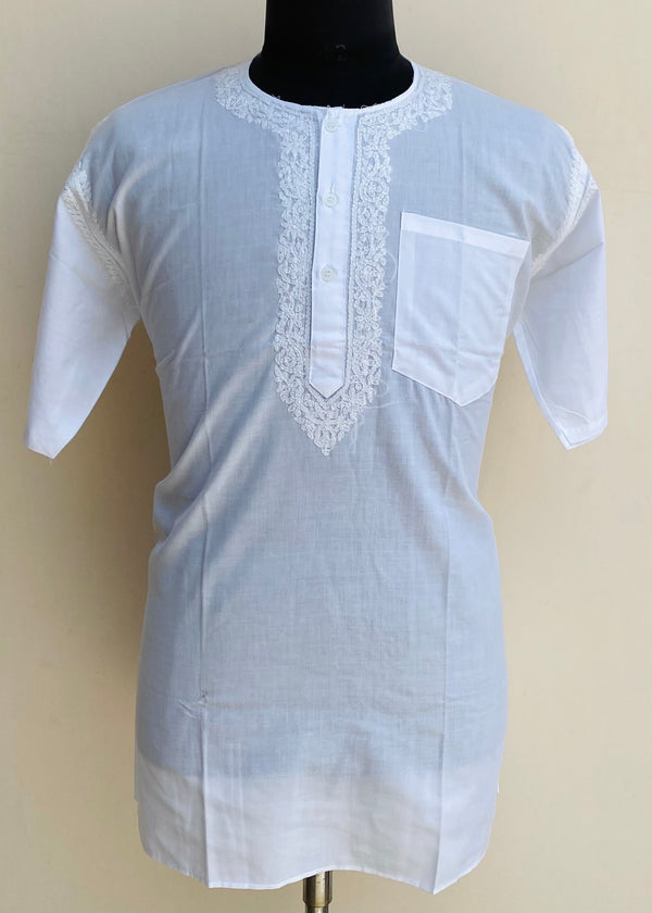 Lucknowi Chikankari Men’s Half Sleeves Short Kurta White Cotton With Pocket