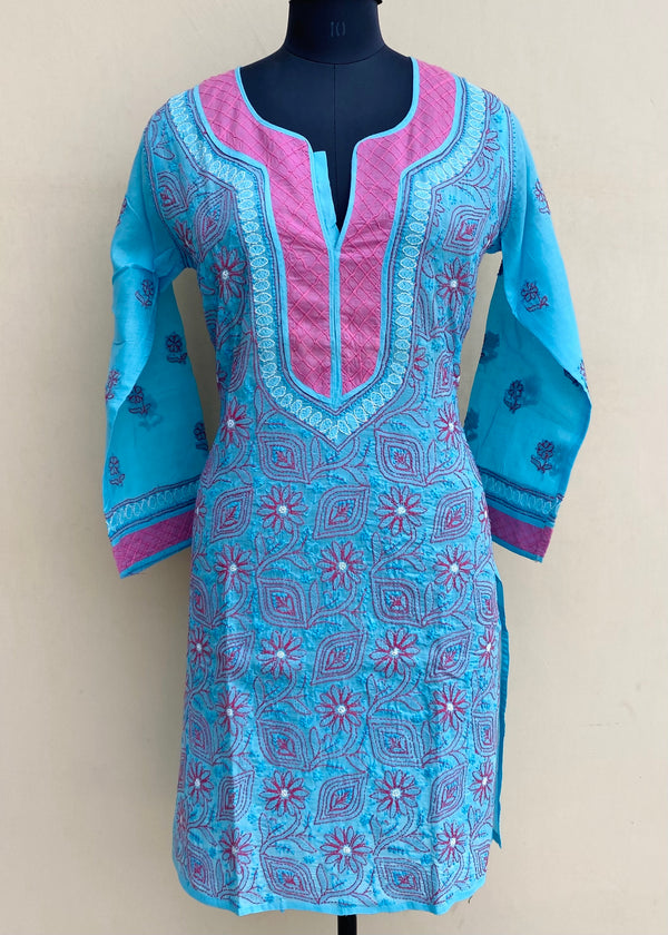 Lucknowi Chikankari Kurti Blue Cotton