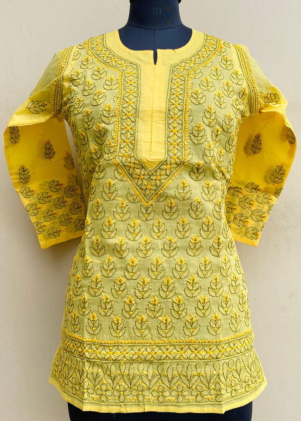 Lucknowi Chikankari Short Kurti Yellow Cotton