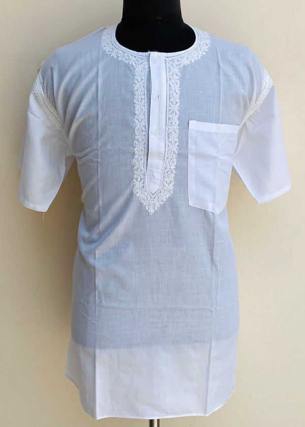 Lucknowi Chikankari Men’s Half Sleeves Short Kurta White Cotton With Pocket