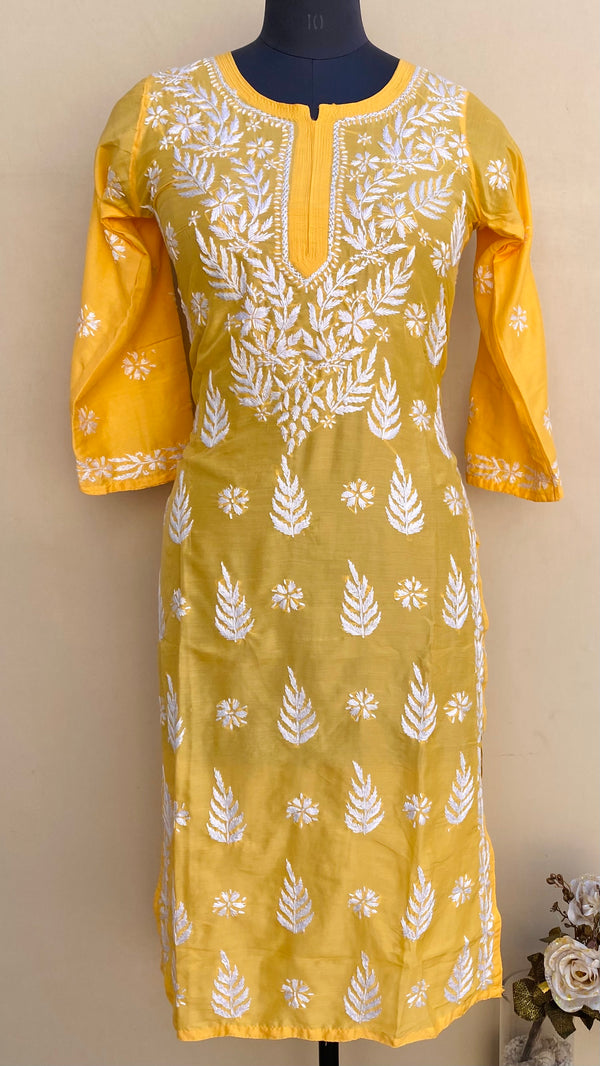 Lucknowi Chikankari Kurti Yellow Muslin Cotton