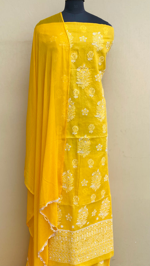 Lucknowi Chikankari Suit Length 3 Piece Yellow Cotton