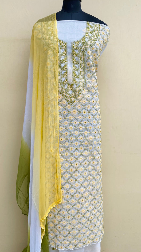 Lucknowi ChikanKari Suit Length 3 Piece White Cotton With Jaali Work