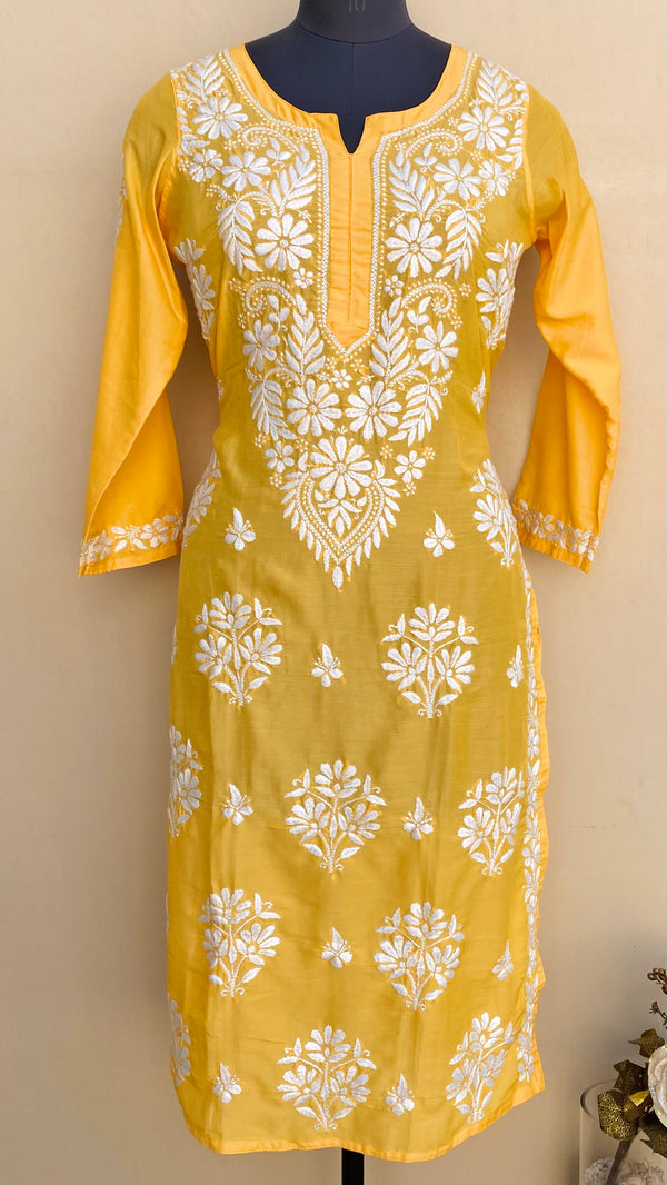 Lucknowi Chikankari Kurti Yellow Muslin Cotton