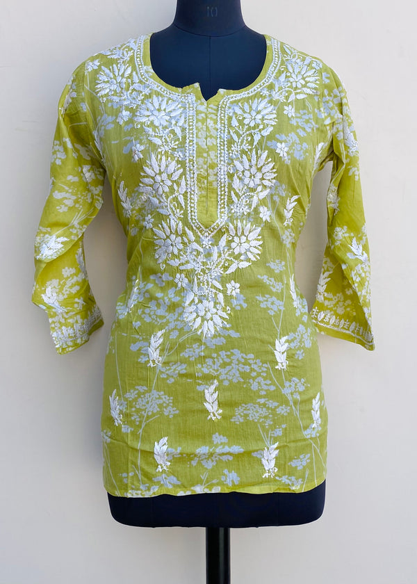 Lucknowi Chikankari Printed Short Kurti Green Mulmul Cotton