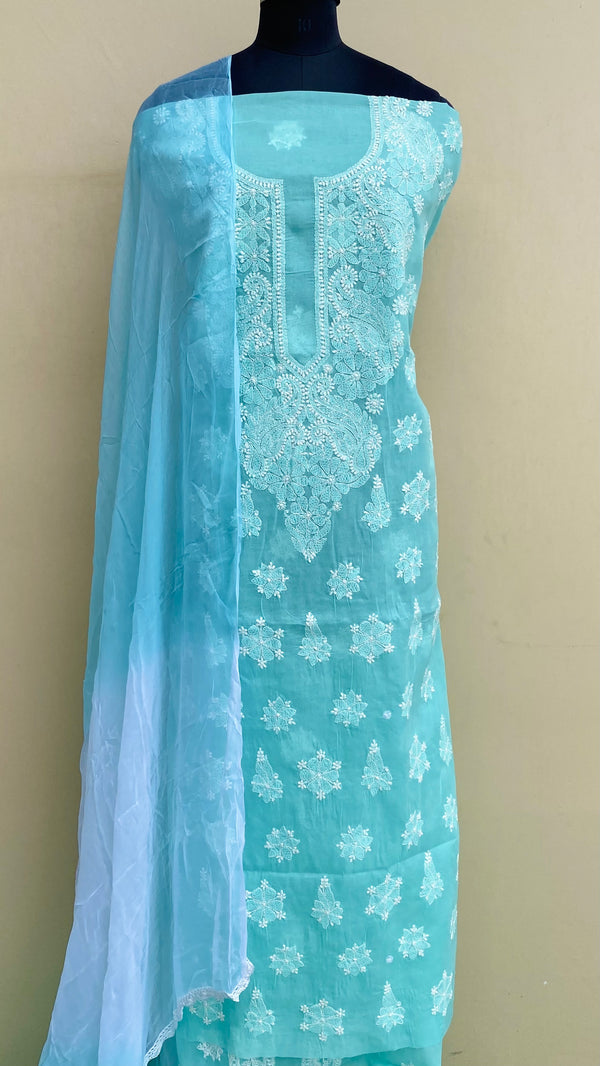 Lucknowi ChikanKari Suit Length 3 Piece Sea Green Cotton