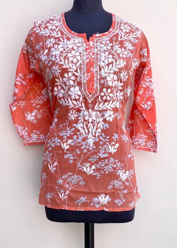 Lucknowi Chikankari Printed Short Kurti Orange Mulmul Cotton