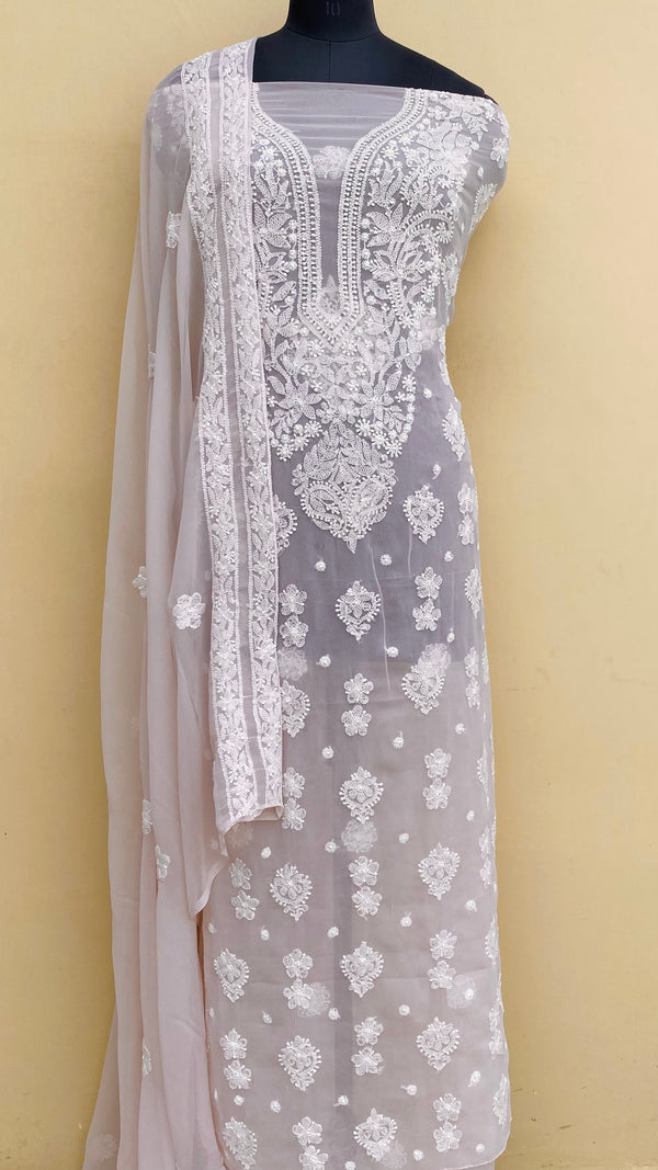 Lucknowi Chikankari Suit Length 3 Piece Rose Pink Georgette