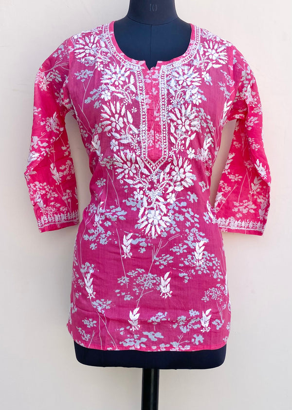 Lucknowi Chikankari Printed Short Kurti Pink Mulmul Cotton