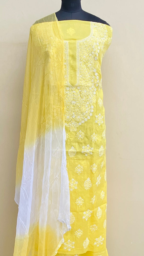 Lucknowi ChikanKari Suit Length 3 Piece Yellow Cotton