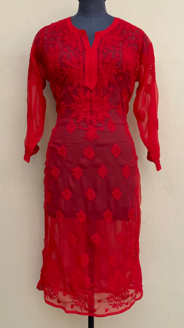 Lucknowi Chikankari Kurti Red Georgette