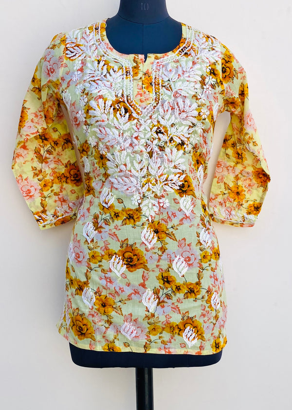 Lucknowi Chikankari Printed Short Kurti Yellow Mulmul Cotton