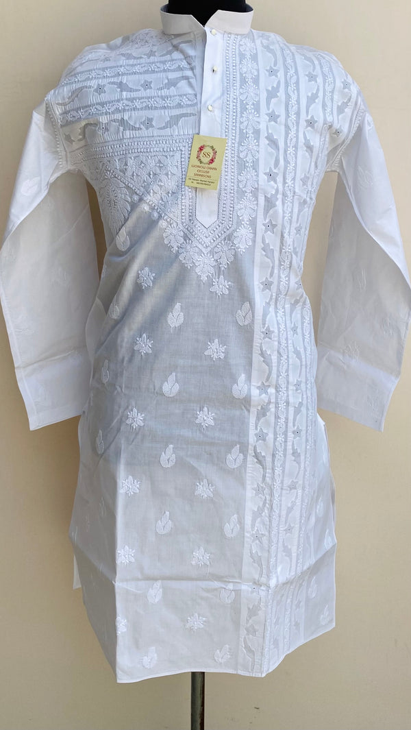 Lucknowi Chikankari Men’s Kurta White Cotton With Applique Work
