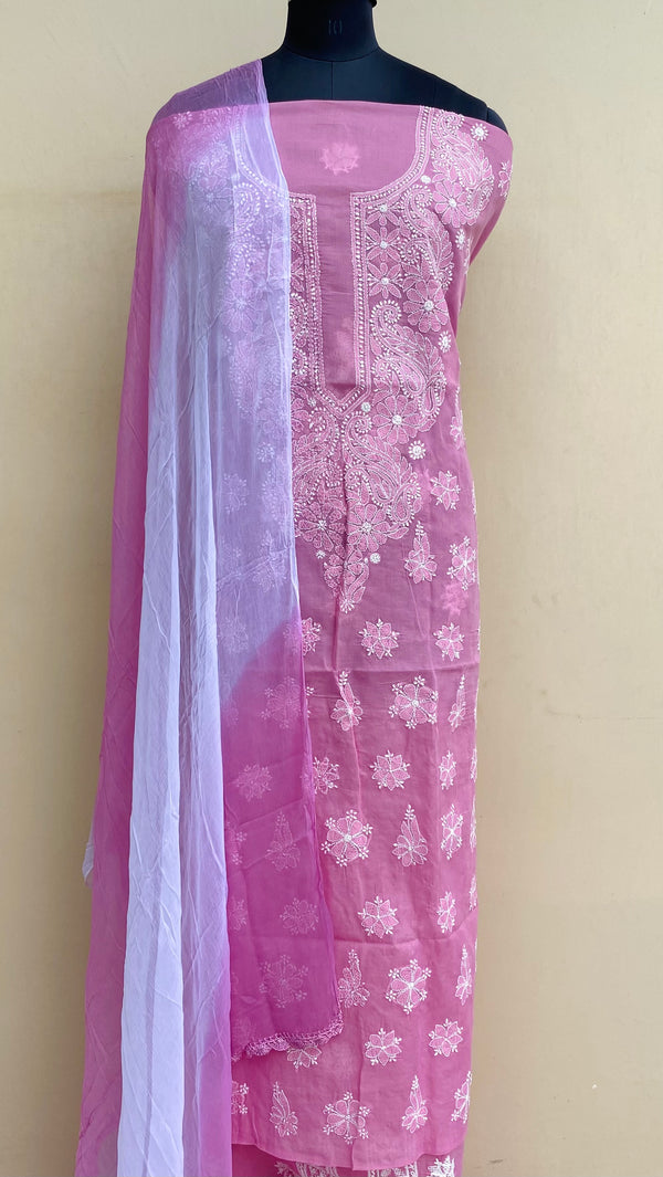 Lucknowi ChikanKari Suit Length 3 Piece Pink Cotton