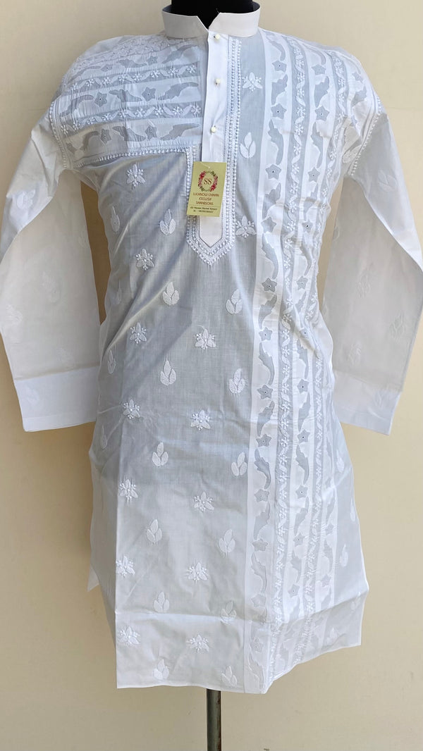 Lucknowi Chikankari Men’s Kurta White Cotton With Applique Work