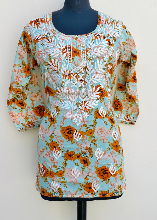 Lucknowi Chikankari Printed Short Kurti Sea Green Mulmul Cotton