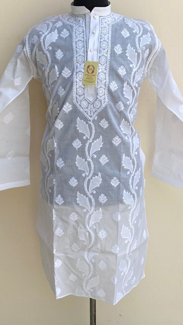 Lucknowi Chikankari Men’s Kurta White Cotton With Applique Work