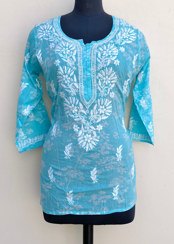 Lucknowi Chikankari Printed Short Kurti Blue Mulmul Cotton